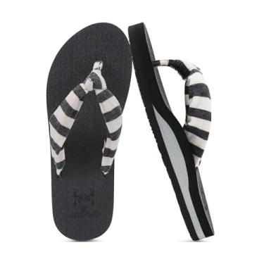 Imagem de KuaiLu Chinelo feminino com suporte de arco, tapete de ioga, confortável, verão, praia, caminhada, tanga com almofada, sem cadarço, uso interno e externo, Preto, branco, 35