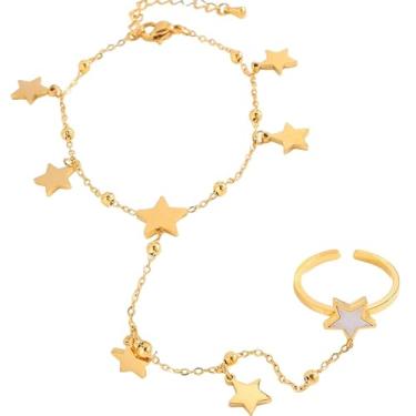 Imagem de Pulseira de corrente de mão com pingente de estrela da sorte banhada a ouro Boho com anel de dedo para mulheres, pulseiras escravas delicadas empilháveis, não manchadas, ajustável, pulseira, casamento