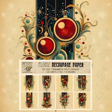 Imagem de Pacote de papel de decoupage (24 folhas 15 x 15 cm) em cascata decorativa decorativa ~ composições verticais de bolas de Natal em estilo art déco geométrico em fundos em tons de pergaminho com