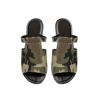 Imagem de GORGLITTER Sandália feminina jeans rasteira larga larga arco-íris bico aberto elegante sandália deslizante, Verde militar, 36