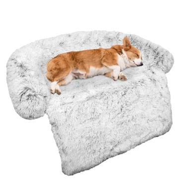 Imagem de Cama de cachorro calmante macia de pelúcia para protetor de móveis com capa removível lavável para cães e gatos grandes, médios e pequenos (médio, cinza claro)