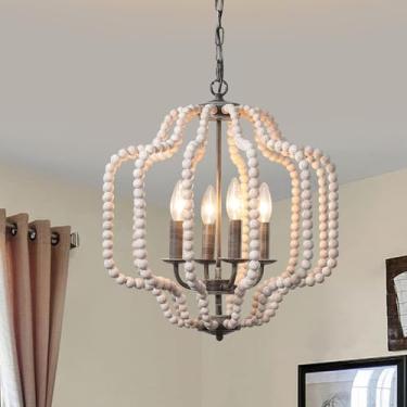 Imagem de Lustre vintage com contas de madeira Boho de 45 cm, luminária pendente rústica de fazenda com corrente ajustável, regulável de 4 luzes para quarto de meninas, sala de jantar, cozinha, berçário