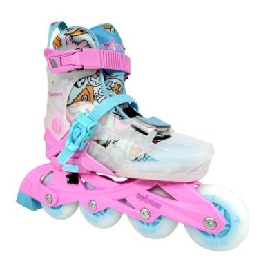 Imagem de Patins Infantil Traxart StarLight Rosa/Branco com LED – Bota Expansível Hardboot, Rodas PU, Rolamentos ABEC-9, Freio no Pé Direito – Suporta até 60kg (Rosa e Branco, 34/37)