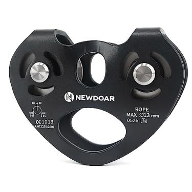 Imagem de NewDoar Polia de tirolesa, 28KN Double Tandem Speed Dual Trolley com rolamento de esferas, certificado CE para escalada, levantamento de resgate, polia de olho fixo de alumínio (roda de aço inoxidável