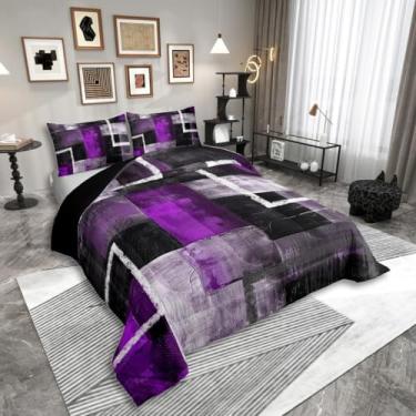 Imagem de Erosebridal Conjunto de cama Queen com pintura a óleo geométrica roxa e cinza e preto, para crianças, adolescentes, adultos, aquarela patchwork, geométrico, quadrado, arte moderna, conjunto de cama