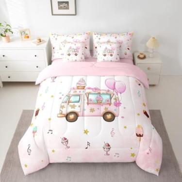 Imagem de Jogo de cama de casal com caminhão de sorvete, 7 peças, fofo, feminino, rosa, edredom com edredom, plano, lençol com elástico, fronhas, fronhas, roupa de cama de verão com casquinha de sorvete