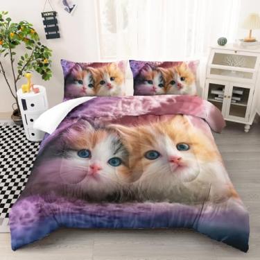 Imagem de AILONEN Conjunto de edredom 3D fofo de gato, 3 peças, kawaii, para crianças, meninas, adorável olhos azuis, estampa de gatinho, edredom macio e 2 fronhas