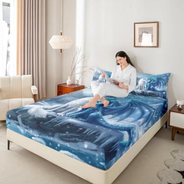Imagem de Jogo de lençol casal infantil com dragão e neve, montanha, pinheiro, para decoração de quarto de meninos e meninas, animais selvagens, animais ocidentais, azul e branco, 2 fronhas (sem lençol de cima)