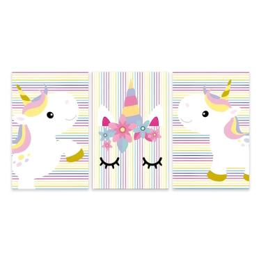 Imagem de Kit 3 Quadros Unicórnios Infantil Bebe Quarto Menina Placas