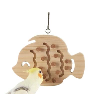 Imagem de Quebra-cabeça de madeira para pendurar com rolhas de cortiça para gaiola de pássaros, brinquedo fofo para mastigar pássaros em forma de peixe para conures, periquitos, calopsitas, tentilhões