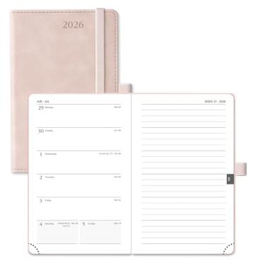 Imagem de POPRUN Calendário de bolso Weekly Planner 2026 (10 cm x 16 cm) Caderno de 12 meses com layout horizontal, capa macia de couro, bolso interno, papel grosso de 100 g/m2, suporte para caneta - rosa suave