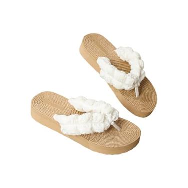 Imagem de OYOANGLE Chinelo feminino trançado boho plataforma leve, Branco e cáqui, 36
