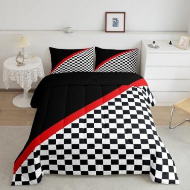 Imagem de Conjunto de edredom Queen de carro de corrida, preto e branco, quadriculado quadriculado, para mulheres e adultos, com tema de corrida, listras vermelhas, geométrico, luxuoso, 2 fronhas