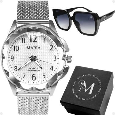 Imagem de Relogio prata prova dagua aço feminino + oculos sol + caixa aço inoxidavel strass moda social preto