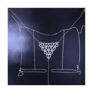 Imagem de OUFEIJIA Corrente com pingente sexy coração strass biquíni corrente corporal para mulheres, multicamadas, crytal conjunto de tanga para festa de verão praia