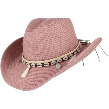 Imagem de Shell Tassels Cowgirl Verão Chapéu Chapéu De Palha Para Mulheres Homens Ocidental Cowboy Chapéu Senhora Na Moda Tecido Sol Chapéu Praia Cap, Pink, One Size