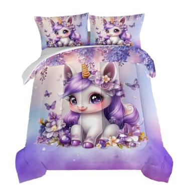 Imagem de HOSIMA Conjunto de edredom solteiro de unicórnio para decoração de quarto de menina adolescente, unicórnio kawaii, cercado por flores e borboletas, estampa lilás fofa, animal de cama de princesa
