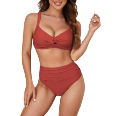 Imagem de Biquíni ZAFUL Twist de cintura alta para mulheres, vermelho tijolo, ta