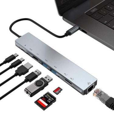 Imagem de Adaptador USB C Hub 8 em 1 multiportas tipo C com porta HDMI 4K - Omka