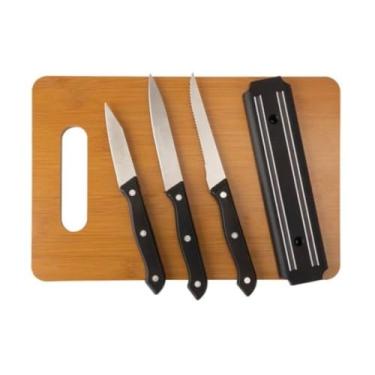 Imagem de Kit Cozinha 5 Peças | Facas em Aço Inox + Tábua de Corte + Barra Magnética | Kit Gourmet | Facas e Tábua | Jogo Conjunto Premium | Churrasco | Presente Chá de Cozinha