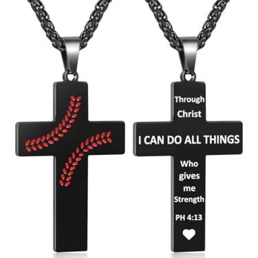 Imagem de Colar masculino com cruz de beisebol, versículo bíblico, pingente, presente para aniversário, Natal, batismo, cristão, religioso, acessórios de beisebol, presentes, Small, Aço inoxidável, Sem Pedra
