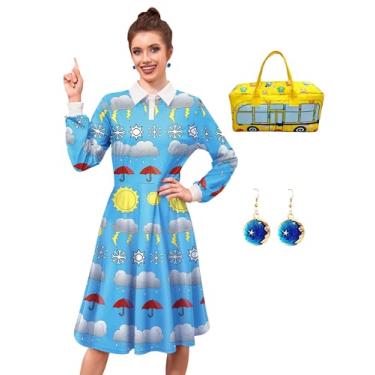 Imagem de Womens Halloween Dress Sets Adult Long Sleeve Ms. Frizlee Cosplay Costumes with Handbag Earrings Light Blue L