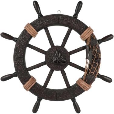 Imagem de Gatuida Suspensão de parede de volante de madeira mediterrânea, decoração de roda náutica, ornamento rústico de barco, 43 cm, cores sortidas