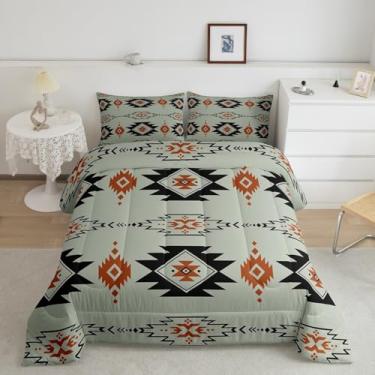Imagem de jejeloiu Conjunto de edredom asteca ocidental, solteiro, étnico do sudoeste, geométrico, para crianças, meninos, meninas, boêmio, casa de fazenda, edredom verde para decoração de quarto, microfibra, 2