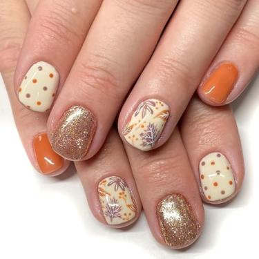 Imagem de Unhas postiças quadradas curtas com folhas, desenhos de bolinhas, unhas douradas, purpurina, cola brilhante nas unhas, unhas de acrílico laranja, 24 peças