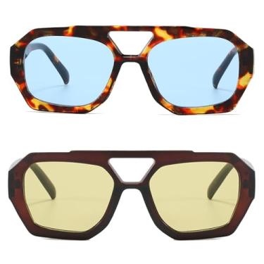 Imagem de Mirkcittle Óculos de sol aviador quadrados modernos para mulheres e homens, armação grossa hexagonal com ponte dupla, óculos de sol inspirados em designer, Tartaruga/lente azul + marrom/verde amarelo