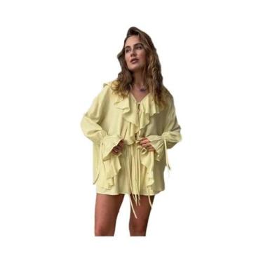 Imagem de Conjunto Casual Feminino De Shorts Com Decote Em V E Renda Com Babados