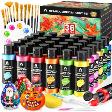 Imagem de Conjunto de 52 peças de tinta acrílica metálica com 12 pincéis, 2 facas e paleta, 36 cores (60 ml) - para adultos, crianças, artistas e iniciantes - kit de pintura de lona cerâmica rocha madeira