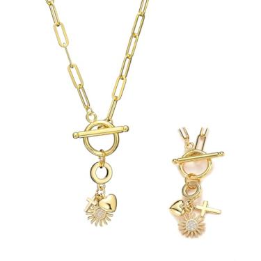 Imagem de Colar feminino com pingente de prata em ouro 14K, cruz, olho turco, coração, virgem maria, girassol, clipe de papel, gargantilha de Natal, aniversário, joias presentes, Large, Bronze, Sem Pedra