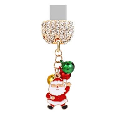 Imagem de ELISE & FONDA TP938 Tipo-C porta de carregamento cristal plugue antipoeira pequeno Papai Noel com sino pingente de celular para iPhone 15/16/Samsung/OnePlus/Xiaomi/oppo telefones Android (vermelho e