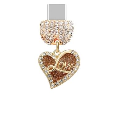 Imagem de ELISE & FONDA TP872 Tipo-C Porta de Carregamento Cristal Antipoeira Plug Little Love Heart com Glitter Celular Charm para iPhone 15/16/Samsung/OnePlus/Xiaomi/Oppo telefones Android (marrom)