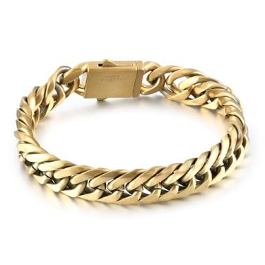 Imagem de TRUFINE Pulseira masculina de elos cubanos de aço inoxidável, 14 mm de largura, 20 cm/22 cm de comprimento, preto/banhado a ouro 18 K, presente para ele com caixa de presente, Length 8.75 Inch, Aço