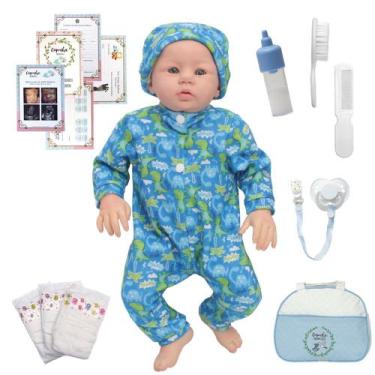 Imagem de Boneco Reborn 100% Silicone Príncipe Macacão Dino Com Bolsa - Cegonha 