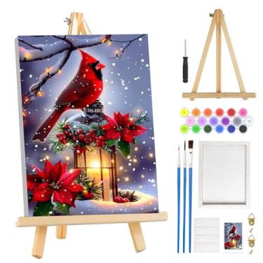 Imagem de MOGTAA Kit de pintura de Natal por números para adultos iniciantes com moldura, kits de pintura por números de cardeal de Natal em tela com cavalete, kits de pintura a óleo de inverno fáceis de fazer