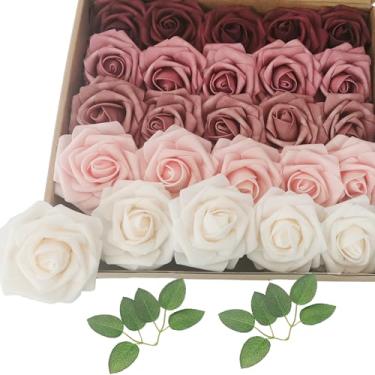 Imagem de cosybeau Flores artificiais, plantas falsas com hastes para buquês de casamento, decoração de mesa de festa (25, tons de bordô)