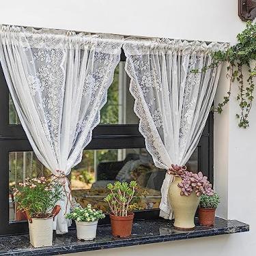 Imagem de Cortina curta de cozinha cortina de voile de renda branca estilo rústico saia de janela - Cortinas semitransparentes de privacidade para cozinha/café/banheiro/quarto, 1 peça, L 270 x A 250 cm