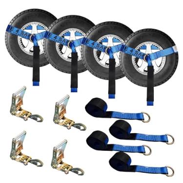 Imagem de Mega Cargo Control Conjunto de 4 alças de laço de anel D de elevação de roda de 5 cm x 25 cm com (4) catraca de 5 cm, (4) gancho de pressão plano, (4) protetor de manga de guincho de laço - (presente)