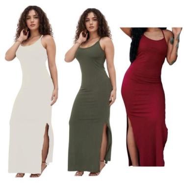 Imagem de KIT C/3 Vestidos Canelado Longo com Fenda - Emporio J, Branco, Militar