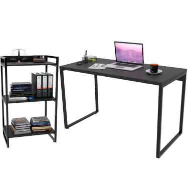 Imagem de Kit Mesa Para Escritório com Estante Office Estilo Industrial Form C01 120 cm Preto Onix - Lyam Decor