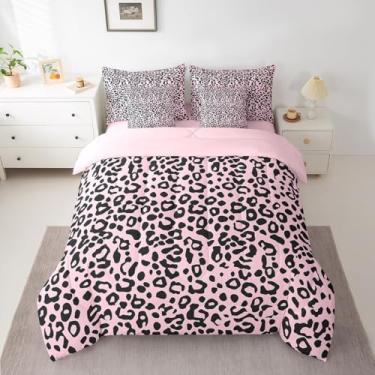 Imagem de jejeloiu Conjunto de edredom de leopardo rosa e preto com lençol casal de 7 peças, para crianças, meninos, meninas, simples, moderno, com estampa animal, em uma bolsa, respirável, microfibra macia