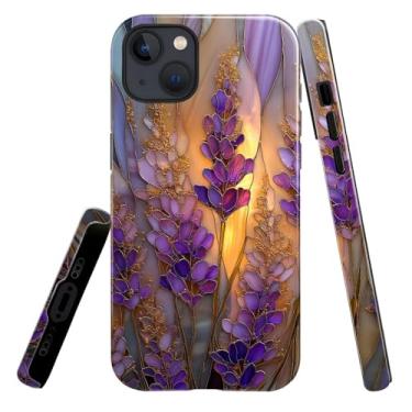 Imagem de heindiy Compatível com iPhone 14 Plus, capa brilhante, proteção total, à prova de choque, anti-arranhões, capa de TPU, capas para homem, mulher, vitral, lavanda em flor