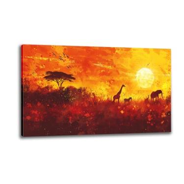 Imagem de CANLUNTE Impressão de pintura de arte de parede moderna impressão em tela de vida selvagem africana minimalista - silhuetas de girafa, zebra e elefante na decoração do pôr do sol para sala de estar