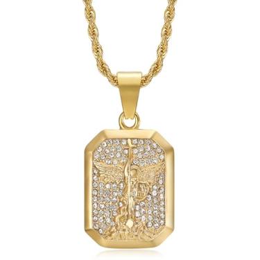Imagem de Colar de aço inoxidável banhado a ouro 18K com pingente de São Miguel para homens e mulheres, corrente de corda de 61 cm, joia de oração cristã, presente, Large, Metal, Zircônia cúbica