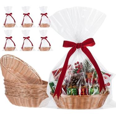 Imagem de Jetec 12 cestas vazias para presentes vazias 23 x 15 x 6 cm cesta oval de armazenamento de frutas com fita de veludo vermelha e 30 sacos de presente transparentes para exibição decorativa de presente