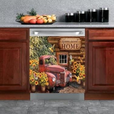 Imagem de Capa de ímã de lava-louças de caminhão vermelho fazenda decoração de casa de fazenda, adesivo de casa doce lar capa magnética para máquina de lavar louça, ímã de geladeira de girassol adesivo de