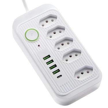 Imagem de Régua de Energia com 5 Tomadas, 4 USB + 1 USB Tipo-C, Cabo 2m, 2500W, Extensão Elétrica Inteligente, Filtro de Linha Bivolt 110–220V, Alta Potência e Segurança